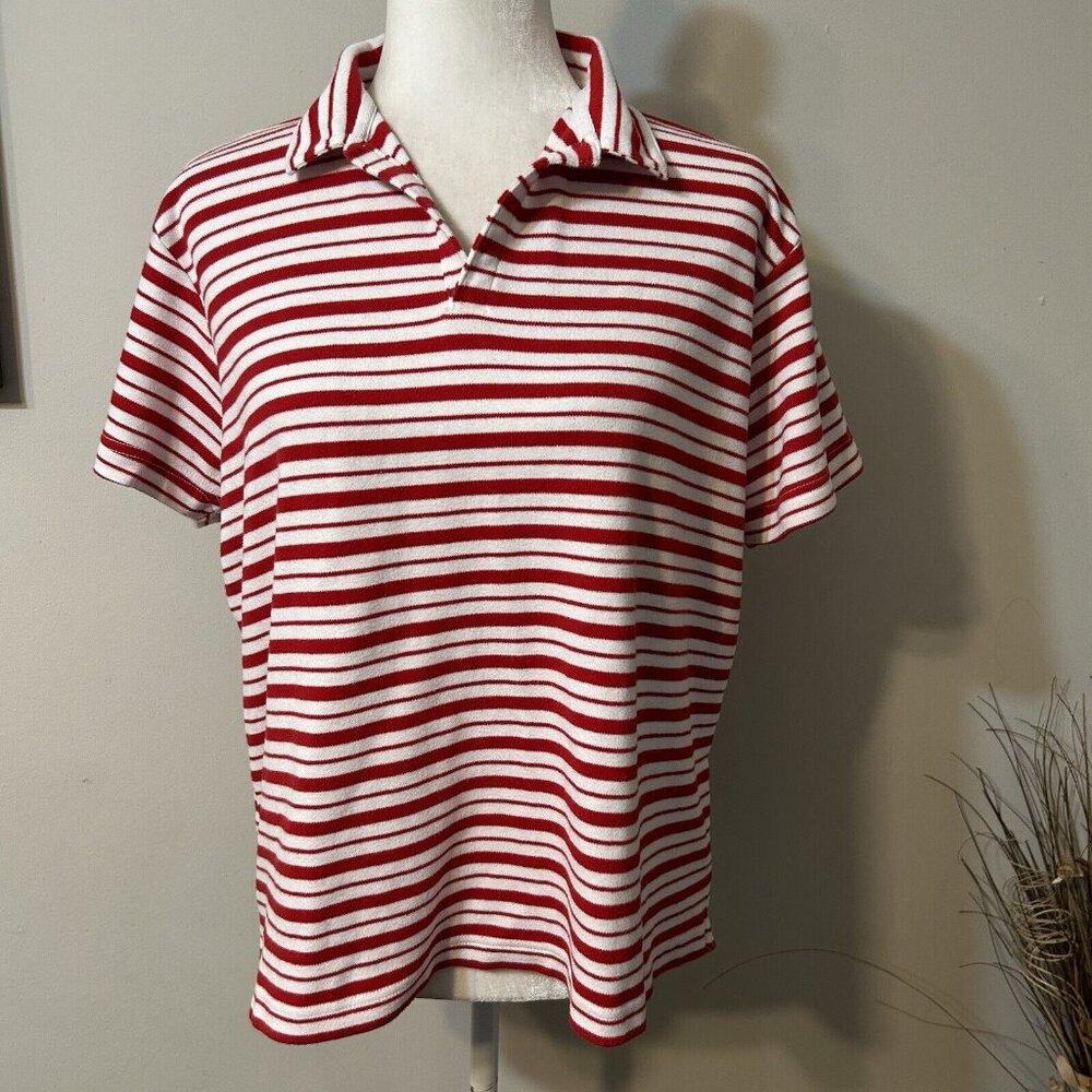 Premier International Women Red White Striped Polo Top Short Sleeve Knit Size L